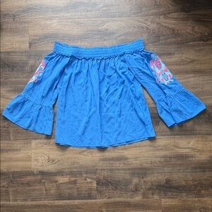 Lilly Pulitzer Moira Blue Off-The-Shoulder Blouse w/ Pink Embroidery Size S NWOT